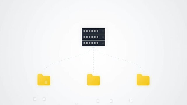 Main computer server processing and distributing data sheets down to folders in abstract flat vector design over light background for data classification automatic backup and local file indexing