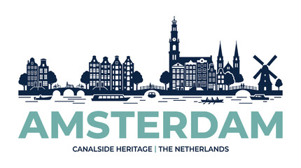 Naklejka premium Amsterdam Netherlands Canal Heritage Skyline Poster with Historic Dutch Architecture and Windmill Vector Illustration