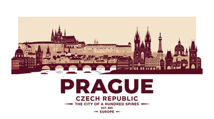 Obraz premium Vintage Prague Czech Republic Skyline Poster with Historic European Landmarks and Burgundy Travel Vector Illustration