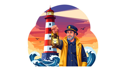 Keeper of the Light: A seasoned lighthouse keeper, weathered and wise, stands resolutely by his tower, holding a lantern aloft. Waves crash against the rocky base as the sun dips below the horizon. © hasnat
