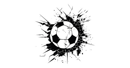 Soccer ball bursting through cracked wall in black and white sports graphic © lucky