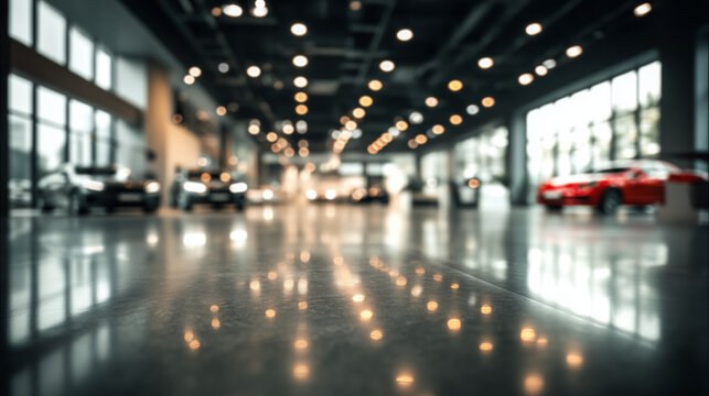 Blurred premium automotive showroom with red car glossy floor reflections and ceiling bokeh lights for business background use