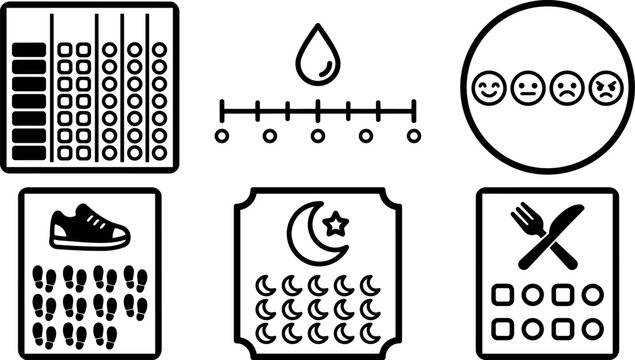 Black and white health and fitness icons including shoe steps meter sleep moon phases food and mood tracker