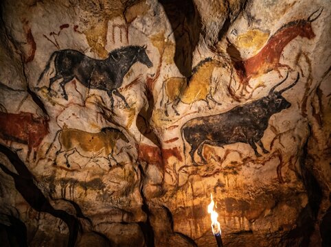 Ancient cave paintings illuminated by torchlight