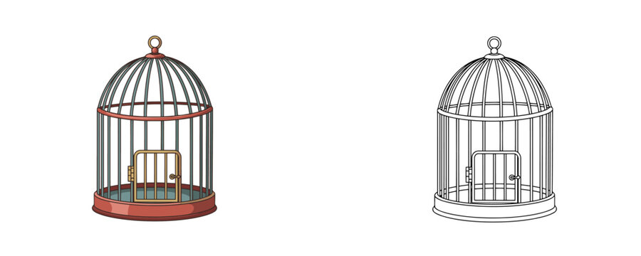 Metal vintage birdcage with open door in flat color and black line art styles representing fantasy magic tools on white background