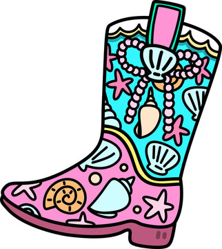 Whimsical Summer Cowgirl Boot with Seashells Illustration