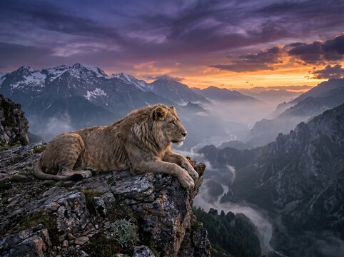 Majestic Lion on Mountain Peak at Sunset