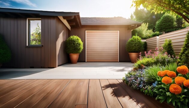 front yard with decorative plants and flowers providing copy space for advertising