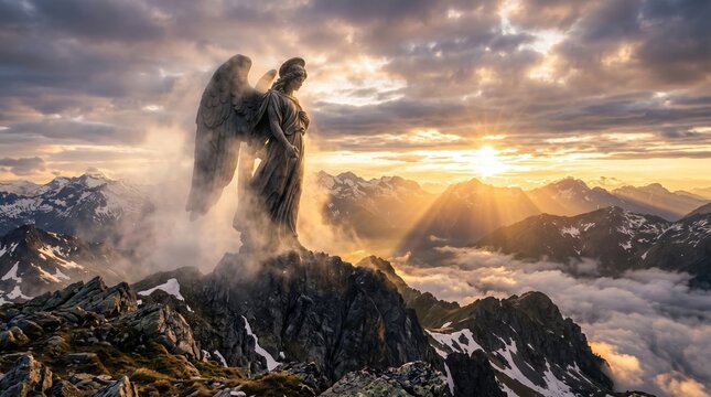 Heavenly Guardian Angel Amidst Mountain Sunset