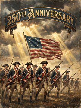 American colonial soldiers marching with flag for 250th anniversary celebration