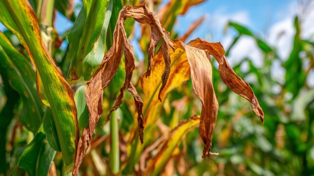 Corn plants wilting and dead in damaged cornfield showing herbicide drought and hot weather stress, agricultural crop failure and climate impact on farming production