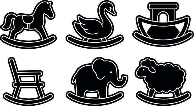 Black and white rocking horse swan ark elephant sheep and chair vector art icons