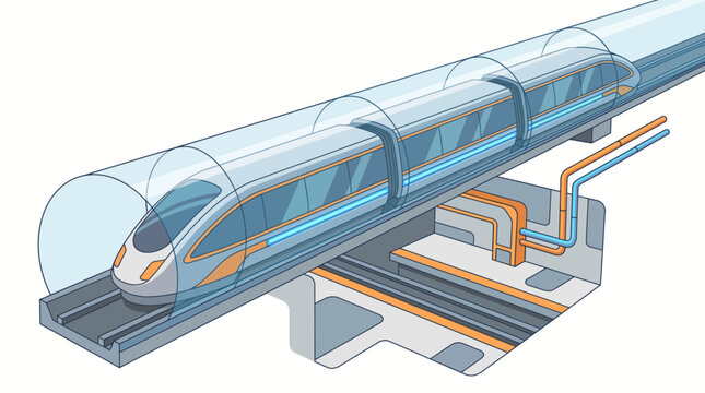 Futuristic hyperloop vacuum tube train on elevated track