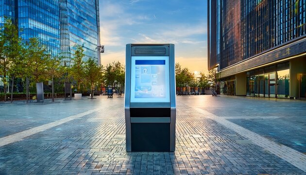 public ai service kiosk in urban plaza with minimalist design and touchscreen interface