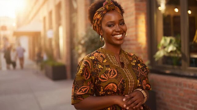 Joyful woman in vibrant traditional clothing smiling warmly outdoors cultural celebration