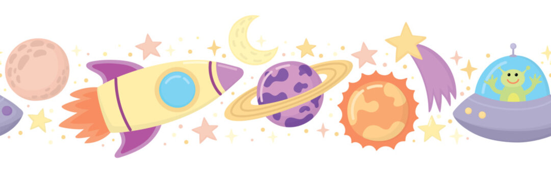 Seamless border of rocket ship, planets, crescent moon, stars, comet, bright sun and UFO with alien. Colorful horizontal pattern with outer space 