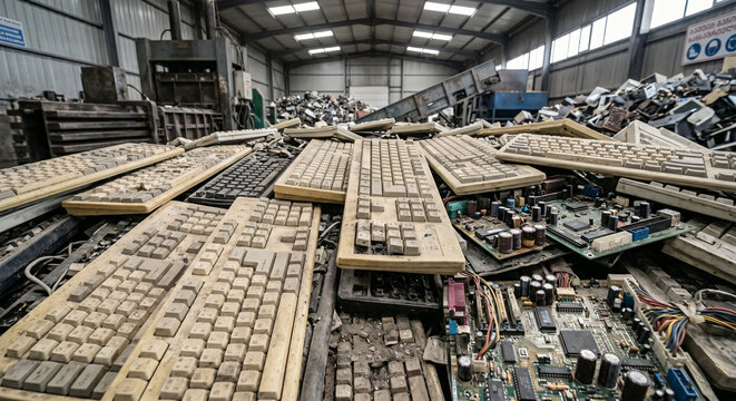 Piles of Obsolete Computer Keyboards and Circuit Boards at an E-Waste Recycling Facility