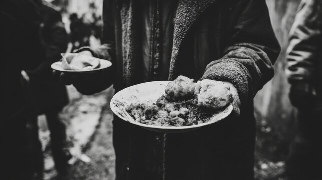 Homeless panhandler holding empty bowl during economic crisis symbolizing unemployment, hunger, poverty, food shortage, war consequences, social inequality and humanitarian disaster