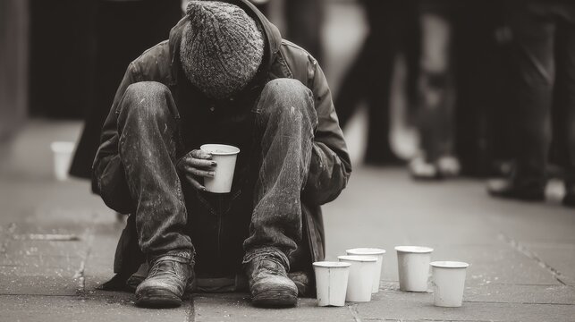 Homeless panhandler holding empty bowl during economic crisis symbolizing unemployment, hunger, poverty, food shortage, war consequences, social inequality and humanitarian disaster