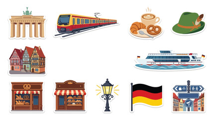 Collection of German cultural symbols and landmarks, including the Brandenburg Gate, a train, food, and traditional buildings. © Terra
