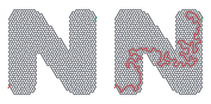 Honeycomb maze shaped like the letter N with highlighted path  