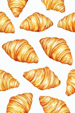Seamless repeating watercolor pattern of freshly baked golden croissants on clean white background great for food wrapping paper and clothing fabric projects