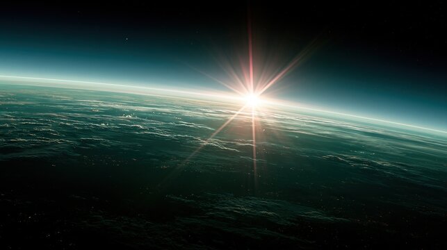 Stunning sunrise from outer space above planet earth with bright sun beams glowing over cloudy planet surface against dark starry space background