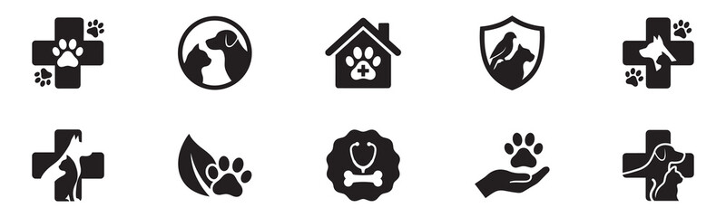 Veterinary care icon set. Pet clinic medicine symbol. Dog cat wild bird health logo sign. Vector illustration. Vector Graphic. EPS 10 © Jeremy_Show