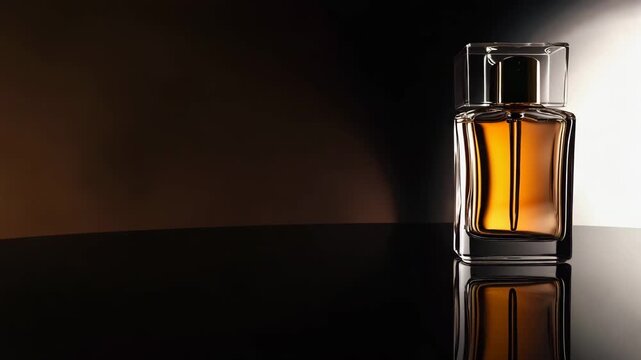 Luxury perfume bottle on reflective surface, golden fragrance product display