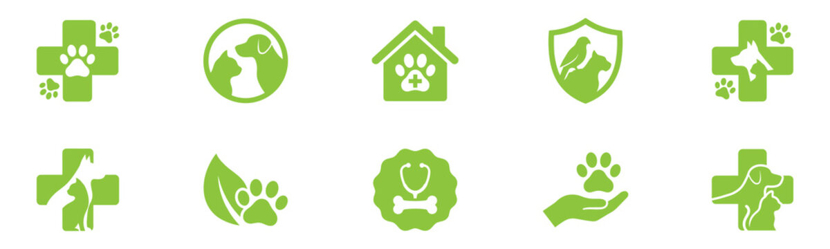 Veterinary care icon set. Pet clinic medicine symbol. Dog cat wild bird health logo sign. Vector illustration. Vector Graphic. EPS 10