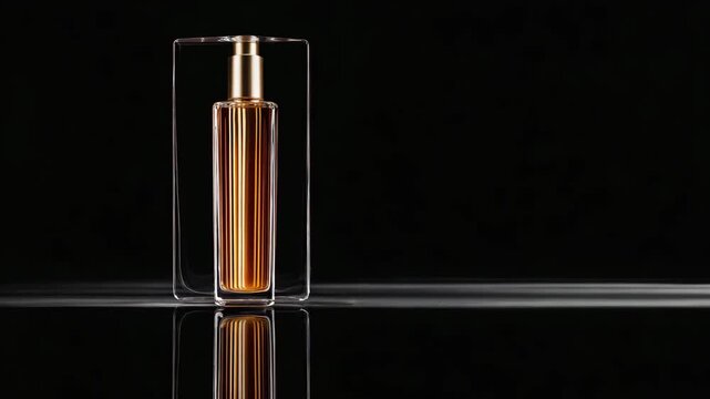 Luxury perfume bottle in glass frame, cosmetic product presentation