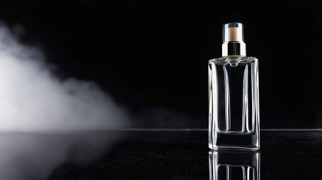 Luxury perfume bottle with mist on black background