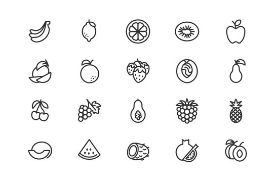 Fruit linear vector icons set. Outline simple collection of fresh fruits, berries and tropical food. Line art style.