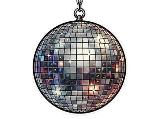 Obraz premium A shiny, reflective disco ball hanging from a chain, sparkling with colorful light reflections against a white background.