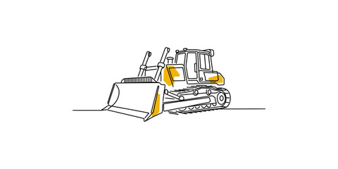 A line drawing of a bulldozer on white background with yellow accents © Line Art