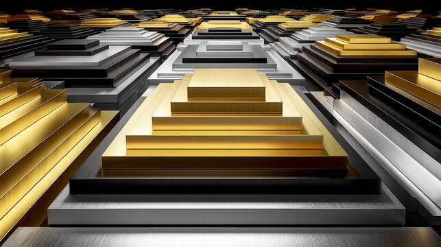 Abstract golden and metallic geometric stacked shapes and tiers with geometric abstract material