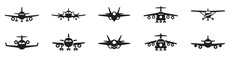 Airplane icon set. Military fighter jet, passenger airliner, cargo plane and propeller aircraft front view silhouettes. Aviation logo. Vector illustration. Vector Graphic. EPS 10 © Jeremy_Show