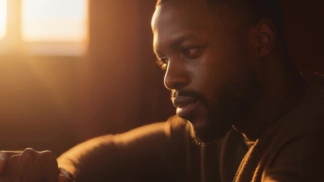 Man sitting in warm golden light by the window lost in deep thoughtful reflection