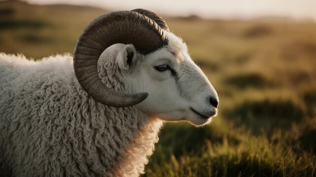 White Ram Profile with Curled Horns Peaceful Pasture Scene