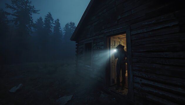 cabin woman out at night with flash light