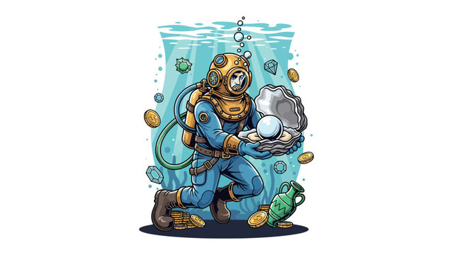 Deep Sea Discovery: A vintage diver in antique gear explores the ocean floor, holding a giant pearl found within a large oyster, surrounded by scattered coins and submerged jewels.
