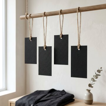 Minimalist Black Hanging Price Tags Mockup on Wooden Pole