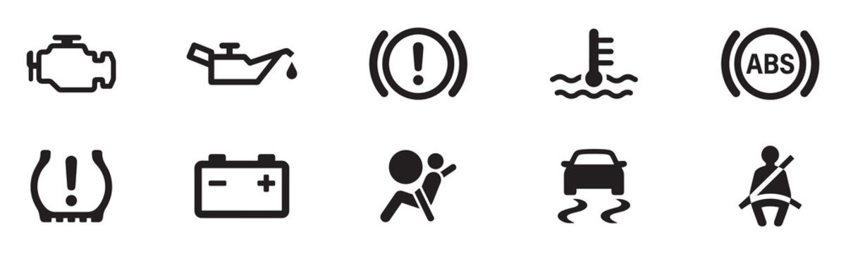 Cars dashboard icon set. Car dashboard warning icons. Car dashboard warning light symbols collection. Vector Illustration.