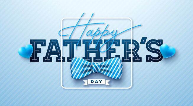 Happy Father's Day Greeting Card Design with Bow Tie and Typography Lettering on Light Blue Background. Vector Celebration Illustration for the Best Dad. Fathers Day Template for Banner, Flyer