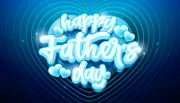 Happy Father's Day Greeting Card Design with Heart and 3d Typography Lettering on Blue Background. Vector Best Dad Celebration Illustration Template for Party Flyer, Post Card, Sale Invitation