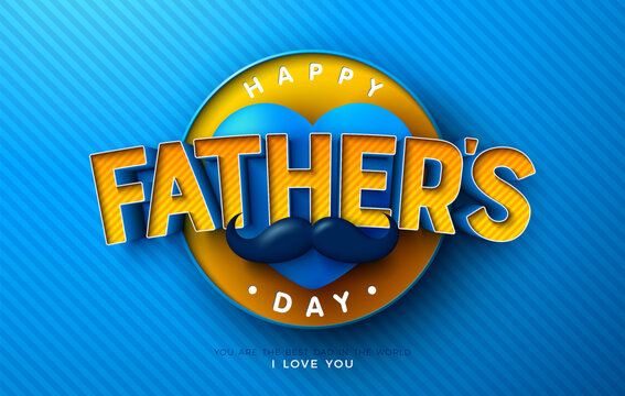 Happy Father's Day Greeting Card Design with Heart, Mustache and Striped Texture 3d Typography Lettering on Blue Background. Vector Best Dad Celebration Illustration Template for Party Flyer, Post
