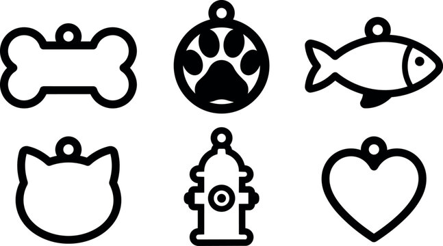 Black line art pet tags with bone paw fish cat heart and fire hydrant shapes