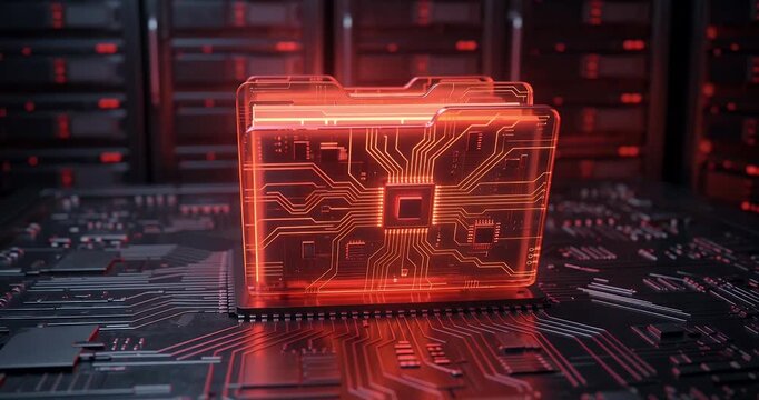 A glowing red digital folder icon with circuit patterns on a dark circuit board, surrounded by server racks.