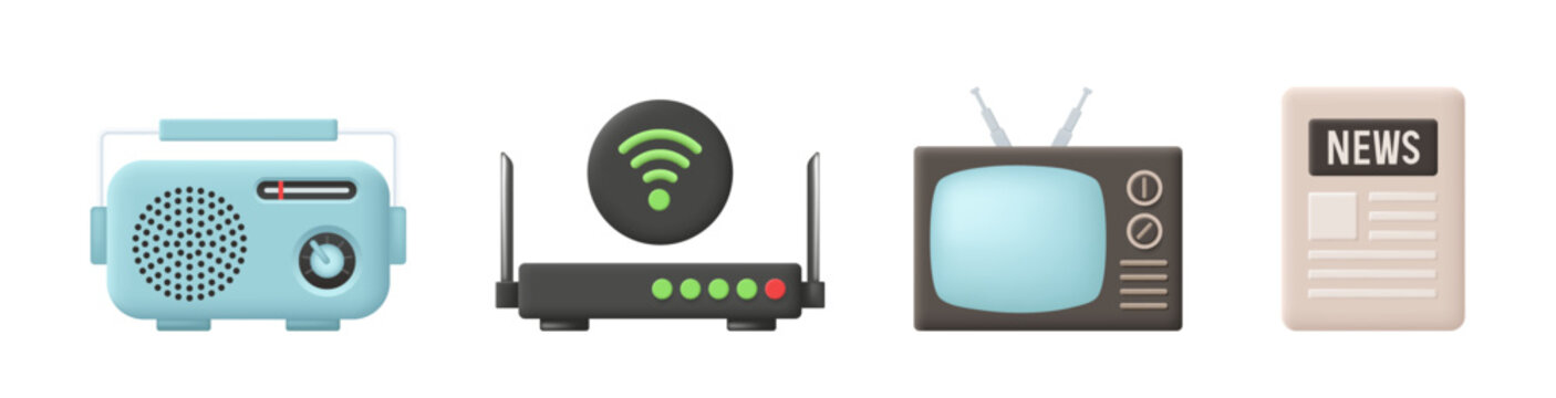 Media icon set. Television, internet, press, radio. Vector 3D icons in claymorphism style.