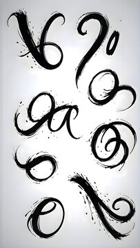 Picture of set of calligraphys in black ink, traditional oriental script letter handwriting stroke design, dynamic graphic sketch element